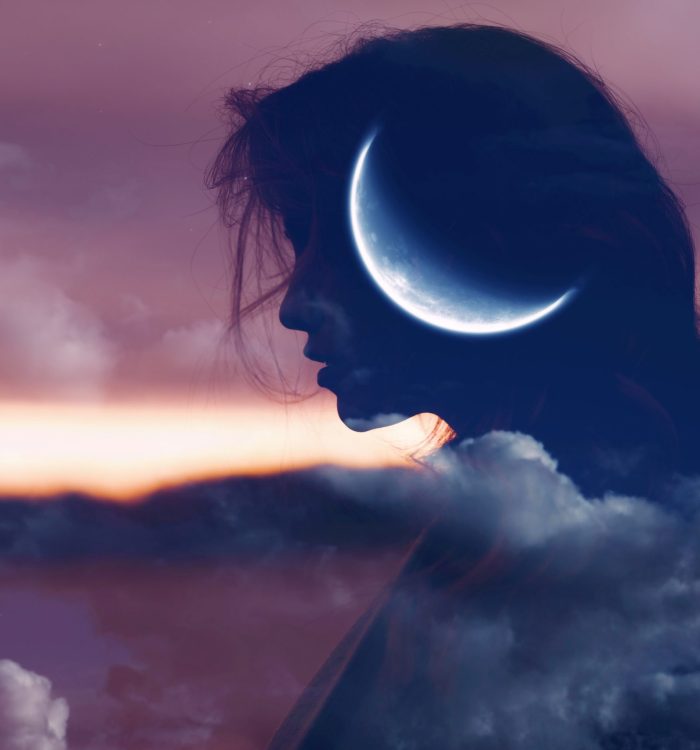 Beautiful woman profile silhouette portrait with moon in her head.